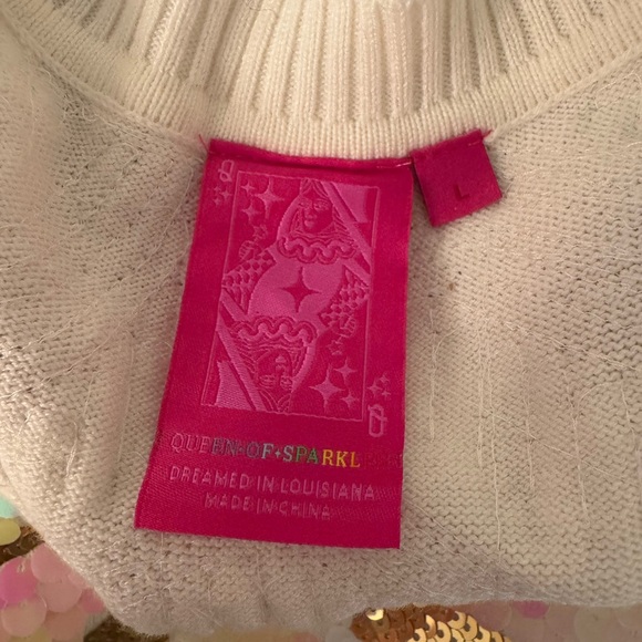 New! QUEEN OF SPARKLES Gold and White Full Sequin Tiger Stripes Sweater - Picture 8 of 10